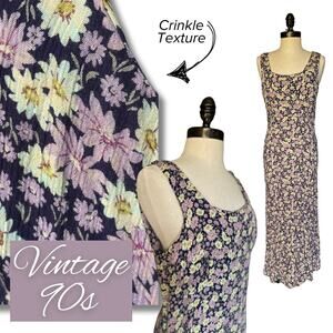 Vintage90s Purple Floral Crinkle Long Dress Summer Vacation Beach Cruise Coastal